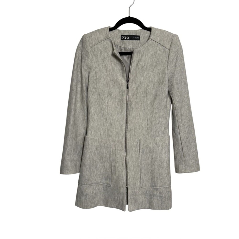 Zara Gray Marl Herringbone Longline Blazer Jacket Zip Minimalist S